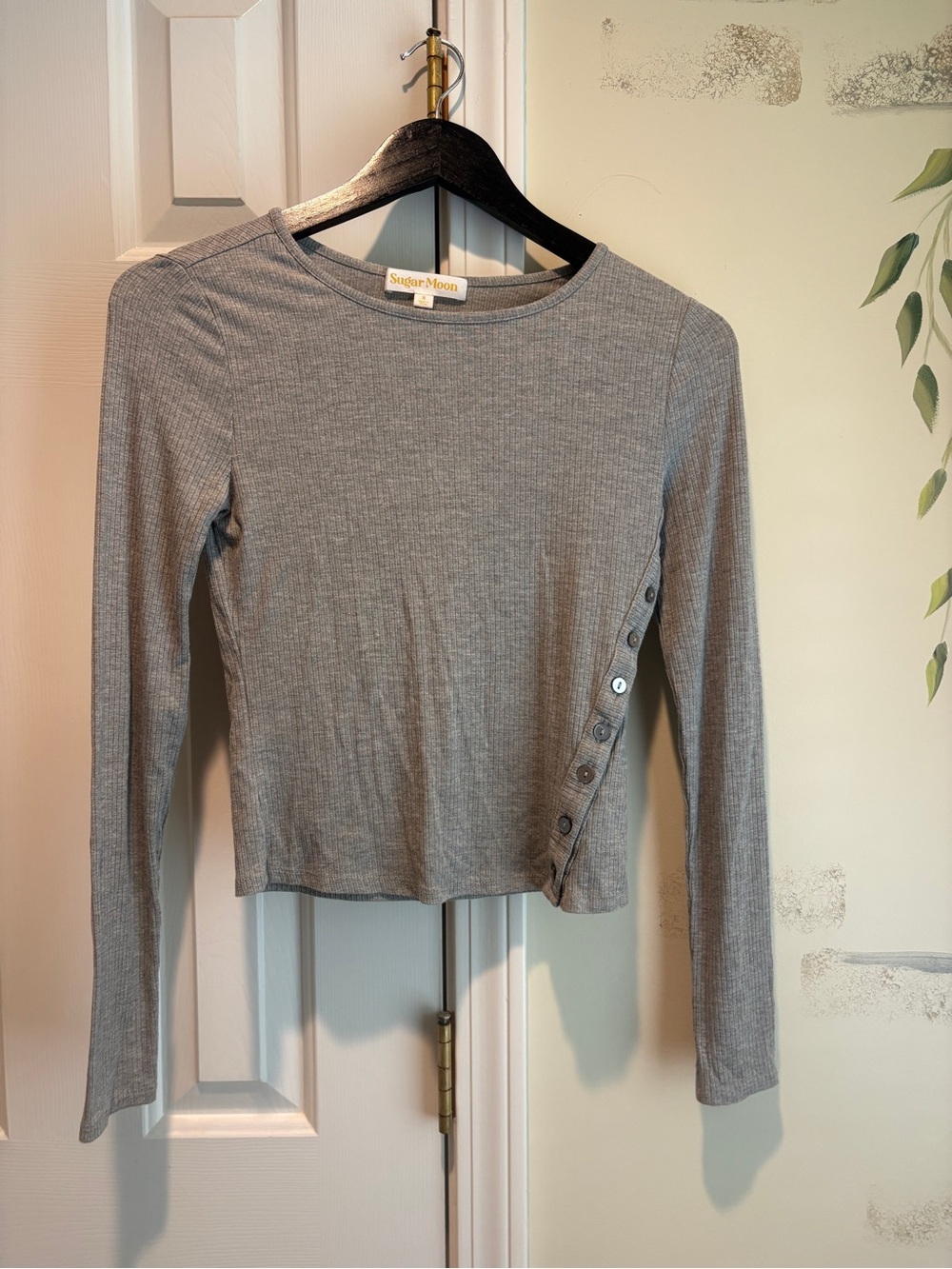 Grey Longsleeve Ribbed Top with Button Accents